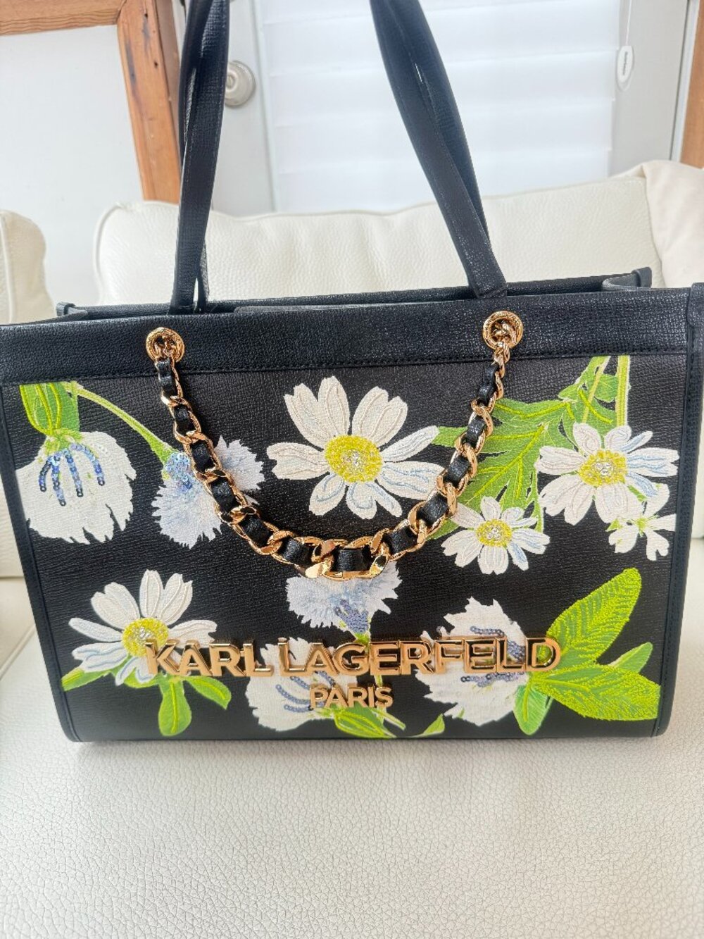 NWT KARL LAGERFELD BLACK SAVOIE FLORAL LARGE SHOULDER BAG TOTE PURSE $428
